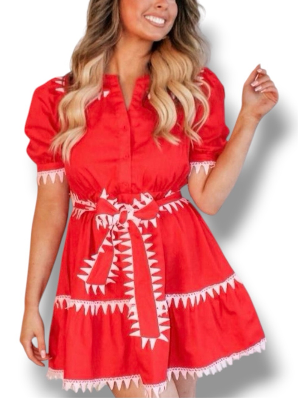RareRaw NWT Cupid Puff Sleeve Mini Dress Red Scalloped Trim Size Large